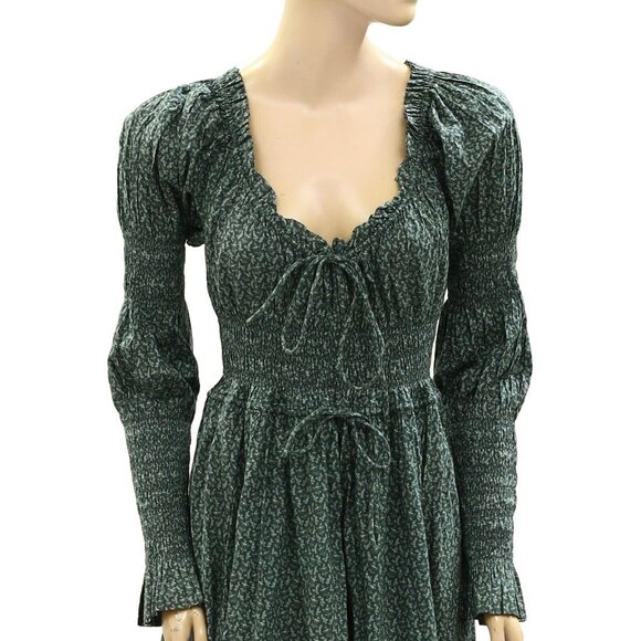 DOEN Kaira Midi Dress Printed Smocked Ruffle Evergreen Puff Sleeve S New - Picture 5 of 11